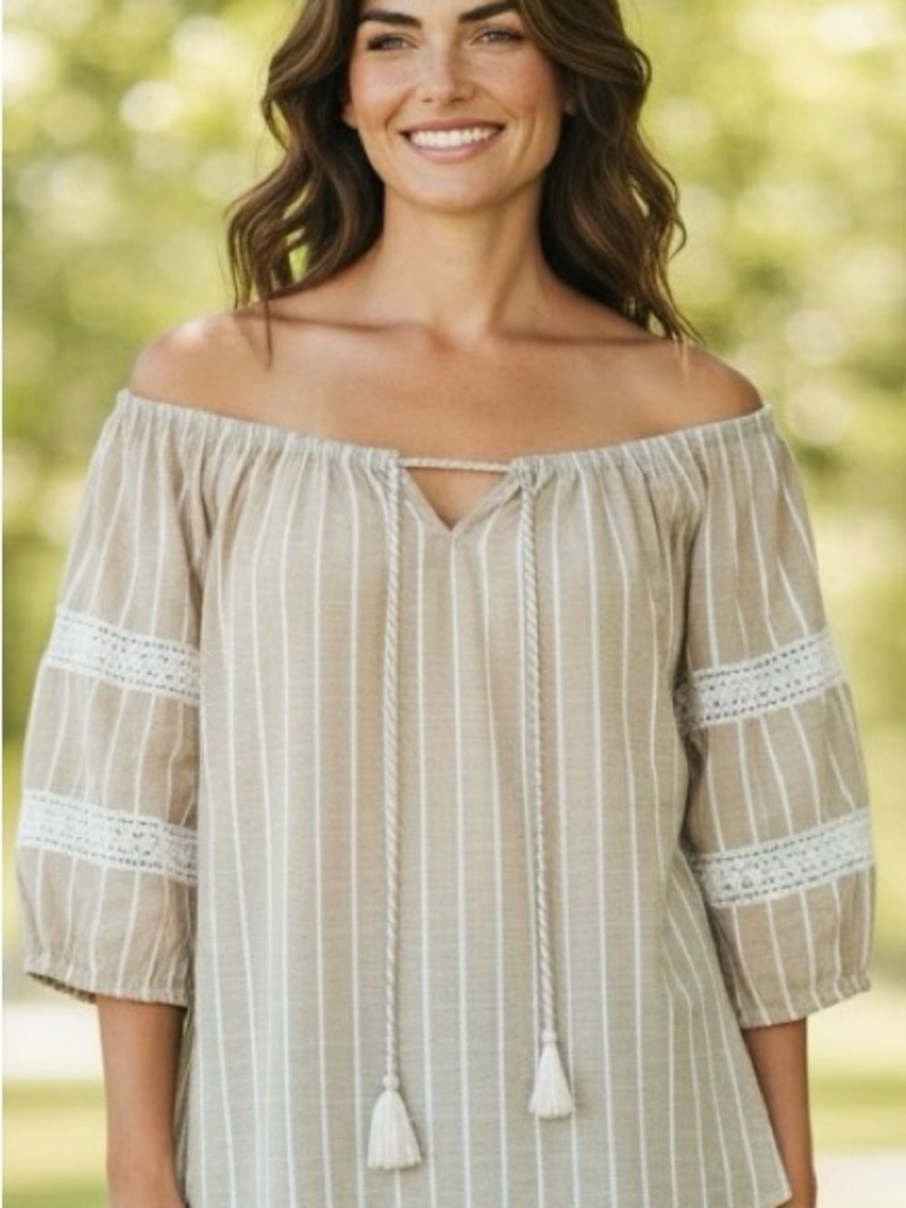 Unique Spectrum Beige and White Off-Shoulder Stripe Peasant Blouse